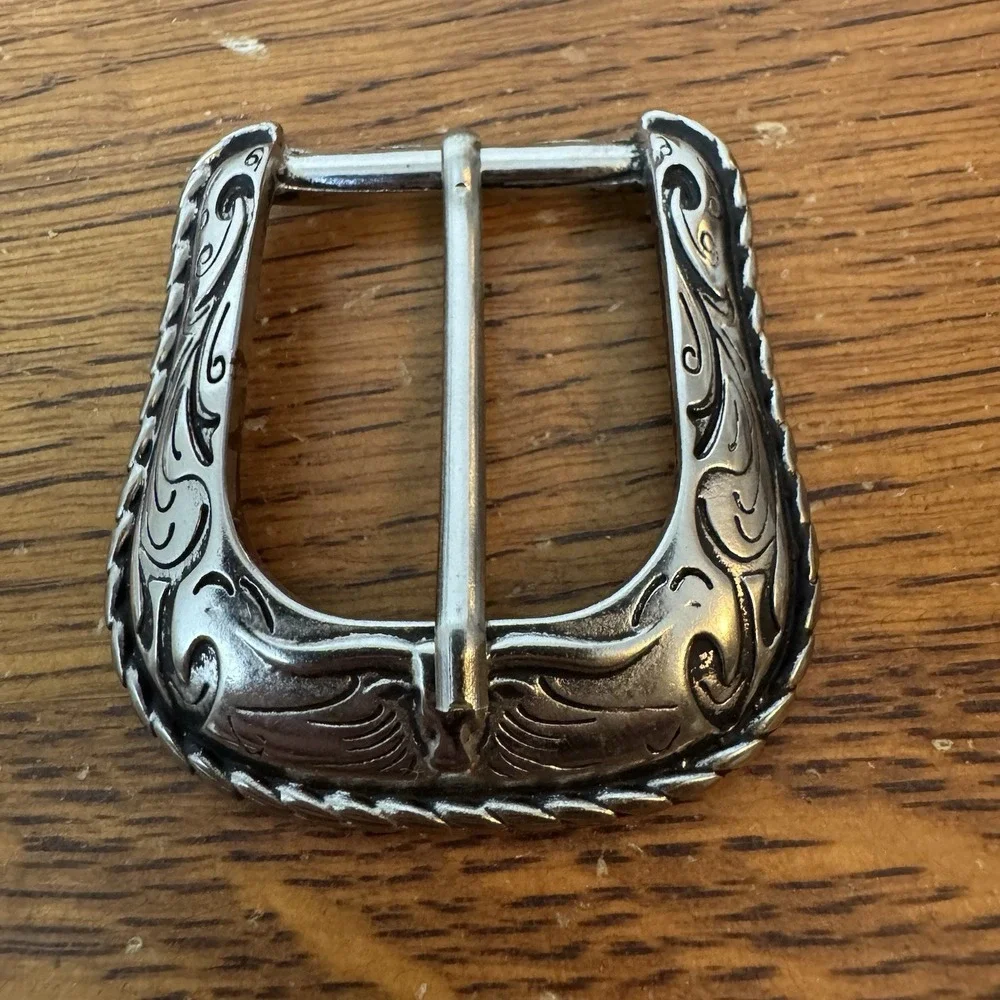 Western Silver Tone Belt Buckle Engraved Scroll RM Marked Cowboy